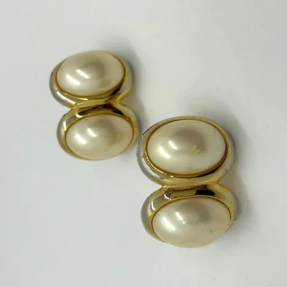 Vintage Gold Tone Double Faux Pearl Clip-On Earrings Retro 80s Statement Cabocho - Picture 3 of 13
